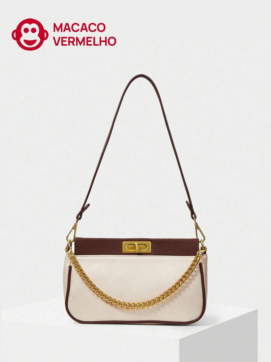 Women's Shoulder Bag With Color-Block Chain - Black and White - View 1