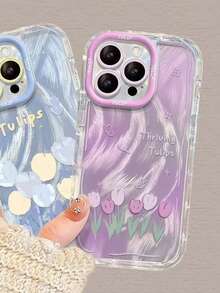 1个郁金香油画羽毛图案手机壳，防震全包保护套，适用于 11/12/13/14/15/16/17/Pro Max - 紫色 - 查看 3