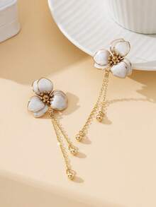 1 Pair Summer Retro Personalized Versatile Vacation Beach Style Handmade Oil Drop White Double-Layer Floral Line Tassel Pendant Earrings For Women - White - View 4