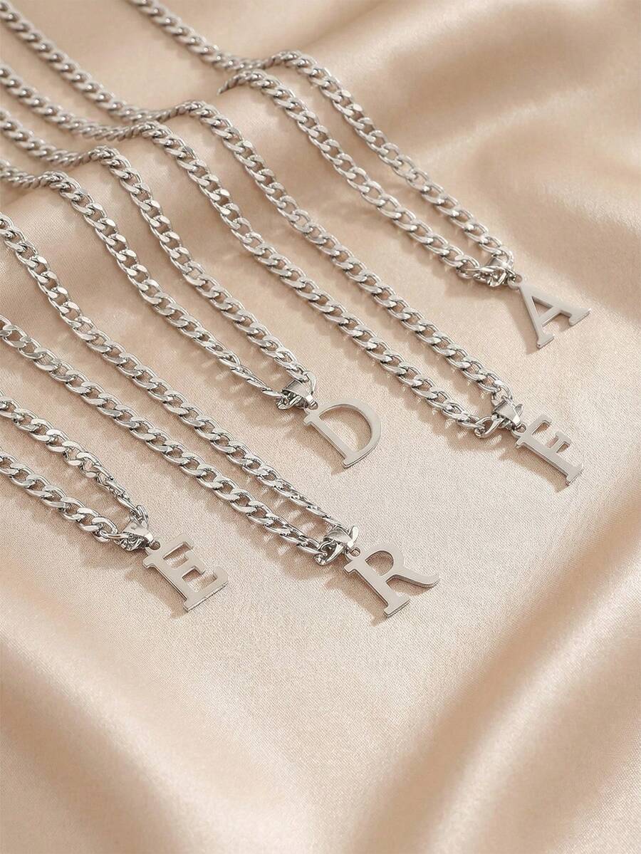 1pc Stainless Steel Minimalist Letter Pendant Necklace, Thick Chain Personalized 26 English Letters, Suitable For Daily, Commute, Travel, Couple Gift, Unisex Casual Streetwear - Letter Type - View 1