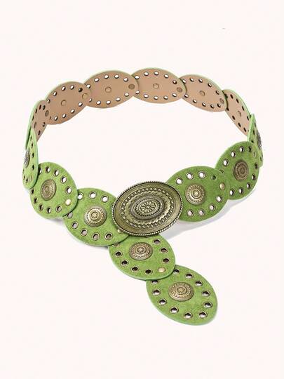 1pc Bohemian Style Western Cowgirl Belt For Women, Vintage Bronze Floral Heart Buckle Metal Eyelet Green Inlay Waist Belt, Fashion Accessory For Dress, Suitable For Party, Beach, Music Festival