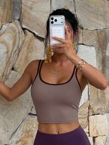 Camiseta corta de verano casual para mujer con contraste de ribete, espalda cruzada y sin espalda, para yoga, deporte y fitness - Lila Púrpura - Ver 4