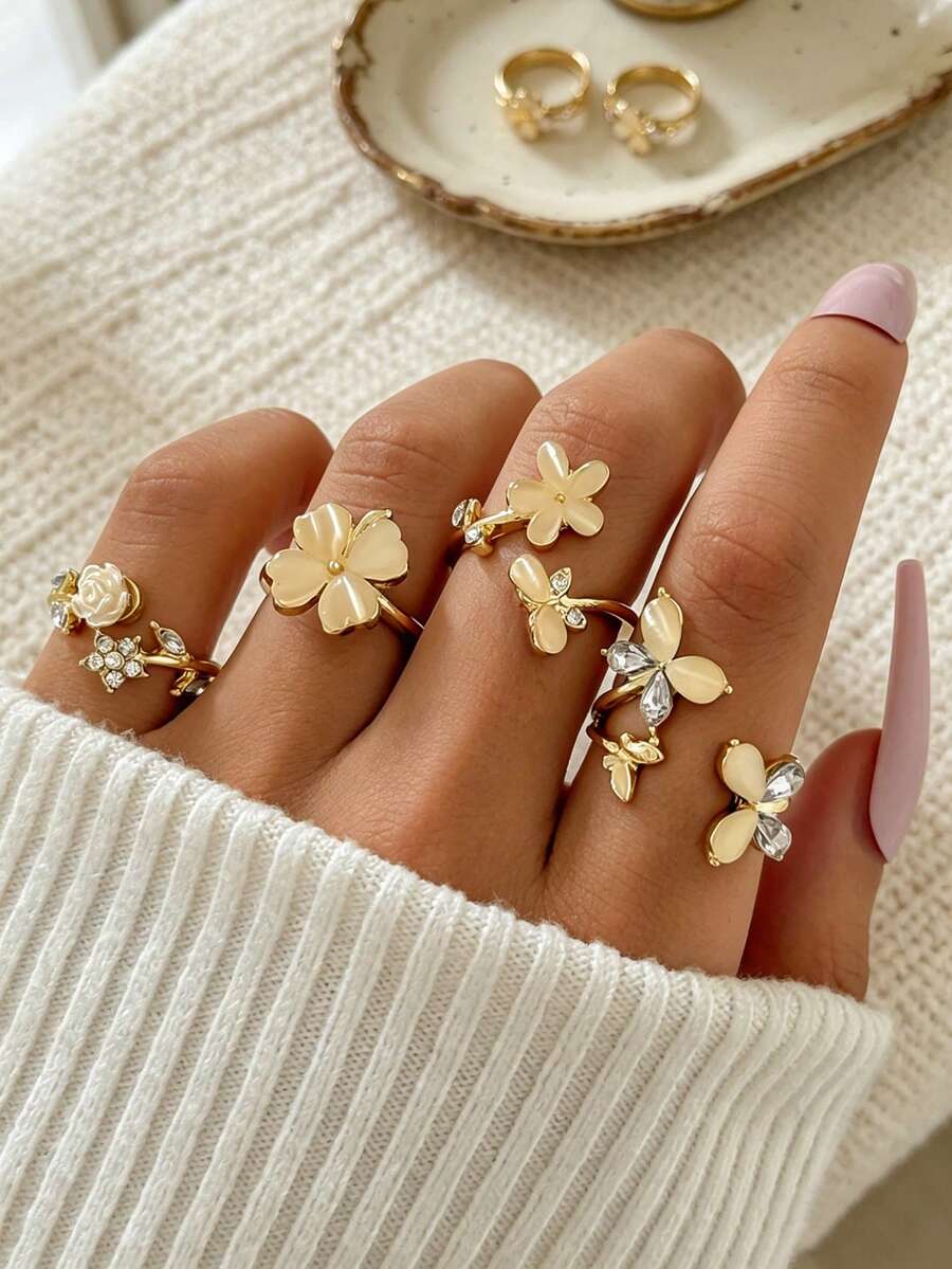 4pcs Handmade Enamel Drip Oil Cute Sweet Floral Multi-Color Rings, Delicate Luxurious Rose Flower Open Ring Set For Women - Gold - View 1