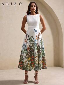 ALIAO Colorful Print Sleeveless Linen Dress, Elegant Resort Style For Women, Suitable For Weddings, Parties, And Casual Vintage Occasions Summer - Multicolor - View 4