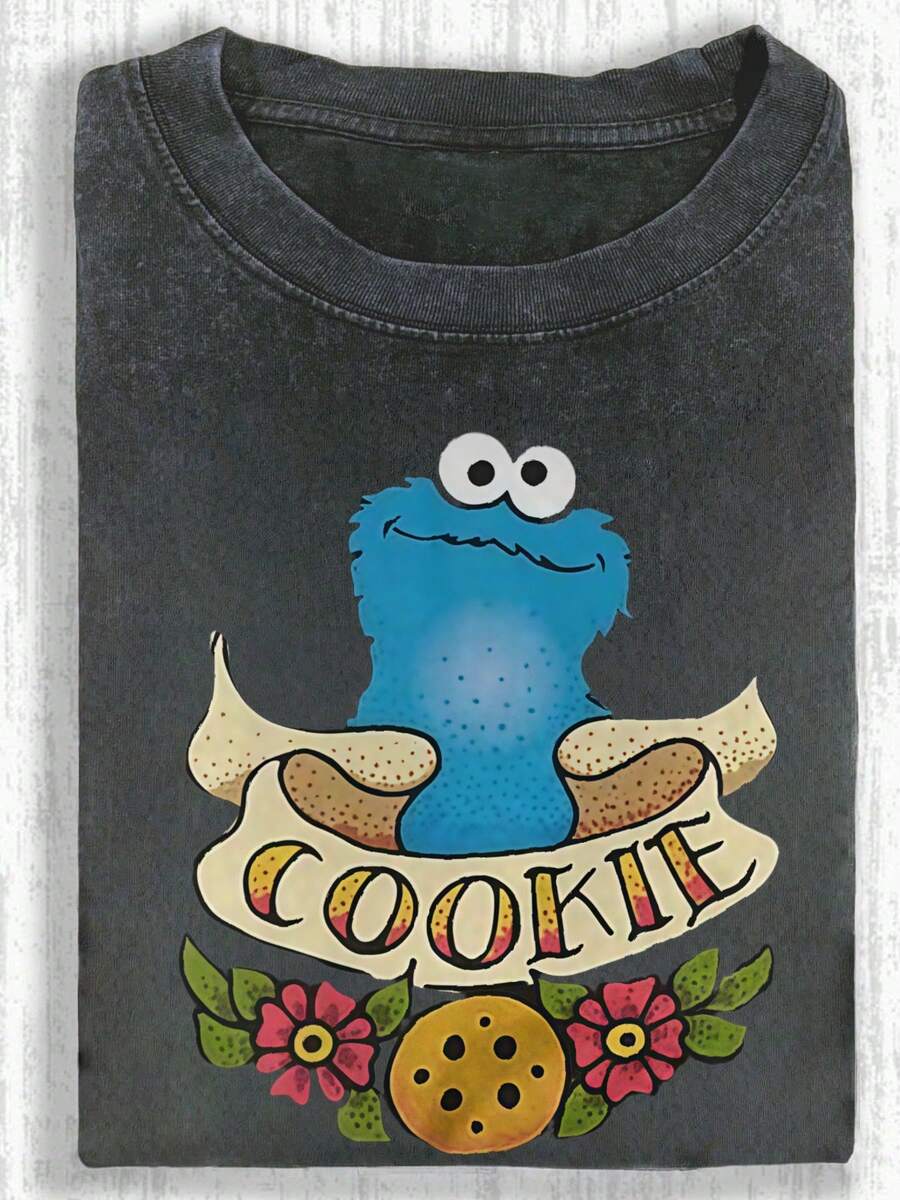 Funny And Quirky Monster Print, Street Style, Unisex 2026 Summer Everyday Commuter Short-Sleeved T-Shirt. Made Of Pure Cotton, Soft And Comfortable Against The Skin, Solid Color Design, Simple And Versatile, Suitable For Everyday Shopping. - 黑色4 - 查看 1