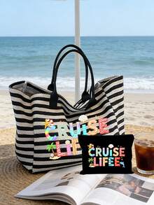 Cruise Life 条纹沙滩手提包套装，大容量帆布夏季度假手提包，配有配套收纳袋，热带邮轮主题单肩包，适合海滩旅行、购物，是邮轮度假、海滩休闲、泳池派对和日常使用的理想之选，适合女性、旅行者、邮轮爱好者和度假达人，是复活节、暑假、生日和节日送礼的完美选择，多功能用途，可用作沙滩包、手提包、旅行包和邮轮配件。 - 彩色 - 查看 1