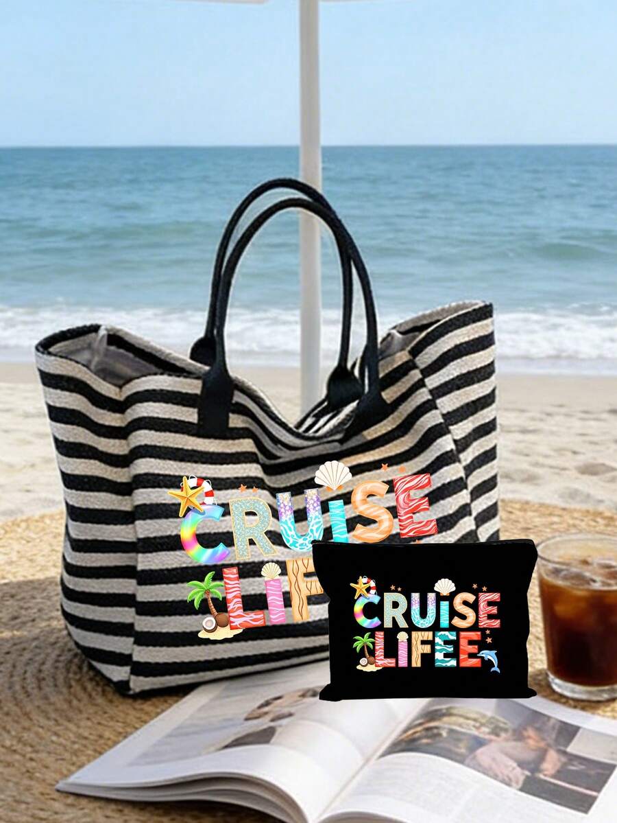 Cruise Life 条纹沙滩手提包套装,大容量帆布夏季度假手提包,配有配套收纳袋,热带邮轮主题单肩包,适合海滩旅行、购物,是邮轮度假、海滩休闲、泳池派对和日常使用的理想之选,适合女性、旅行者、邮轮爱好者和度假达人,是复活节、暑假、生日和节日送礼的完美选择,多功能用途,可用作沙滩包、手提包、旅行包和邮轮配件。 - 彩色 - 查看 1