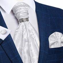 Bộ 4 món trang sức nam thanh lịch màu trắng họa tiết cây nhiệt đới gồm cà vạt Ascot, khăn cài túi áo, khuy măng sét và nhẫn vàng, thích hợp cho tiệc cưới. - trắng - Xem 5