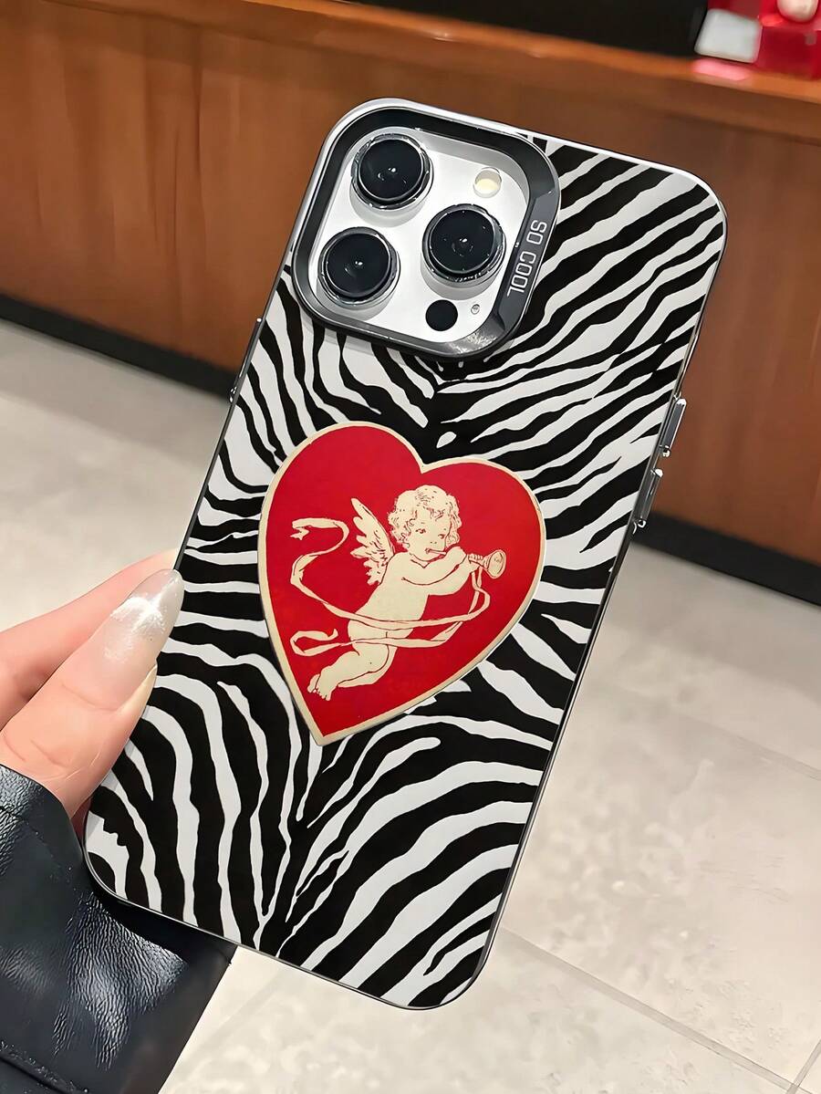 适用于 17/16/15/14/13/12/11 的时尚系列保护壳，防摔磨砂 TPU 材质，Y2K 斑马纹爱神风图案，复古红心天使印花，斑马条纹设计 - 彩色 - 查看 1