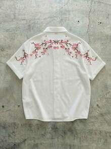 FRACTYR 男士夏季休闲新款中国风樱花刺绣印花短袖衬衫，宽松透气舒适休闲衬衫 - 白色 - 查看 1