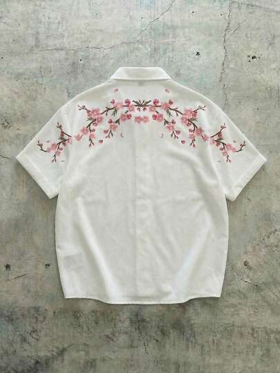  FRACTYR 男士夏季休闲新款中国风樱花刺绣印花短袖衬衫，宽松透气舒适休闲衬衫