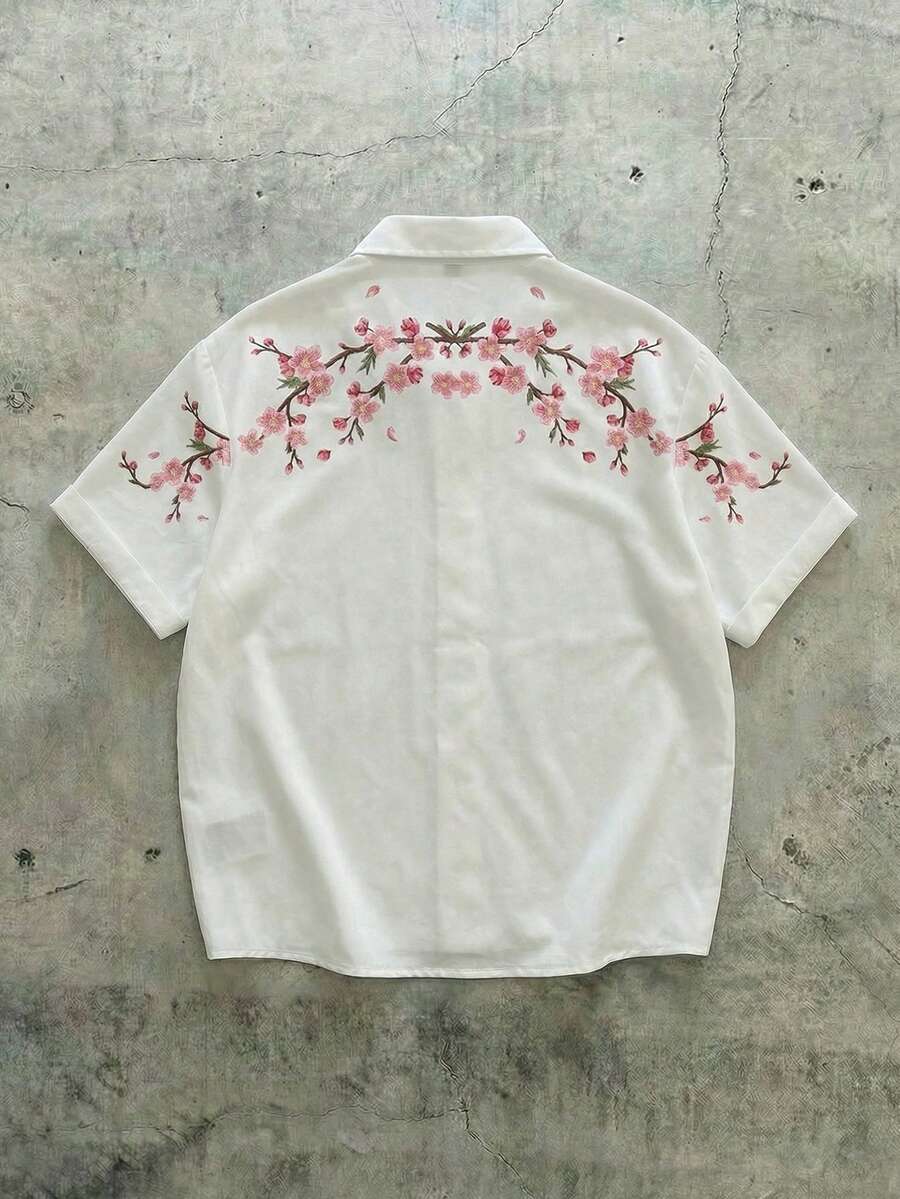 FRACTYR 男士夏季休闲新款中国风樱花刺绣印花短袖衬衫，宽松透气舒适休闲衬衫 - 白色 - 查看 1