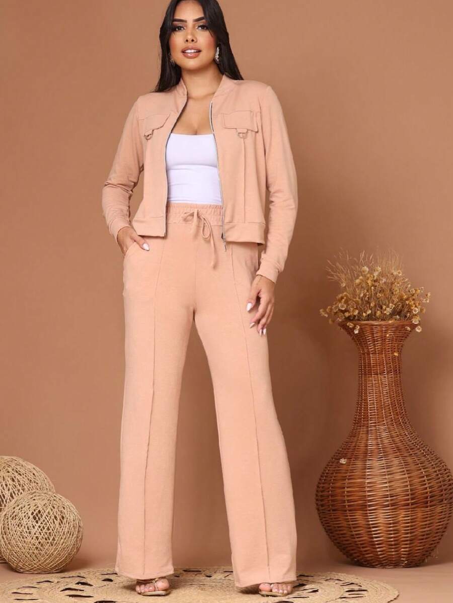 Wide-Leg Pants + Long-Sleeved Jacket In Cool, Lightweight Fleece Fabric For Winter 2026. Zipper. - Nude - View 1