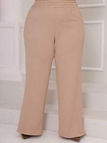 Women's Plus Size Winter Set, Plain, Consisting Of Wide-Leg Pants And A Zippered Top In Ribbed, Fleece-Lined Knit Fabric. - 米色 - 查看 5