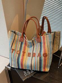 Colorful Striped Straw Tote Bag, Large Capacity Handbag, Versatile Casual Beach Bag For Travel & Vacation - Brown - View 7