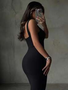Vestido de cóctel, fiesta, boda y primavera para mujer, de estilo elegante y sexy con tirantes finos, negro, de longitud media, con abertura decorativa y ajustado - Negro - Ver 10
