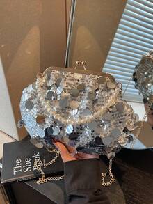 Shiny Sequin Handbag, Summer New Model, Versatile Chain Shoulder Bag, Elegant Frame Purse - Silver - View 6