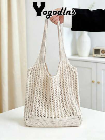 Yogodlns New Fashionable Knitted Hollow Bucket Large Capacity Shoulder Bag French Beach Vacation Women Shopper Totes Casual Handbags Women Crochet Tote Bag Hollow Large Capacity Handbag Fashion Knitted Shoulder Shopping Bag For Travel Vacation