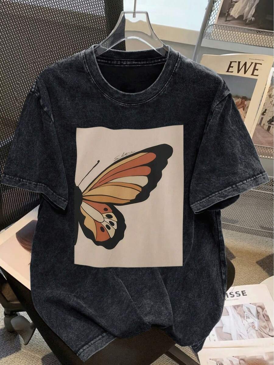 Spring Outfits For Women 2026: Women's Washed Short-Sleeve T-Shirt, Vintage Washed Butterfly Print T-Shirt, Loose-Fitting Casual Style, Suitable For Daily Outings And Leisure Time. Dark Gray Tone, Soft And Comfortable Fabric, Vintage Fashion Design Suitable For Both Men And Women. Comfortable And Loose, Versatile, , Pure Cotton Washed T-Shirt, Summer Tops - 黑灰色 - 查看 1