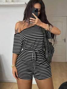 大码女装夏季休闲度假日常通勤条纹印花不对称领上衣和抽绳腰短裤套装，优雅 - 黑與白 - 查看 9