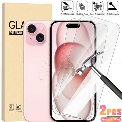 2 piezas Protector de pantalla de vidrio templado de alta definición y cobertura completa, dureza 9H, protección anti-arañazos, compatible con iPhone 17/16/16e/16Pro/15/15Pro/14/Promax/11/X/XR