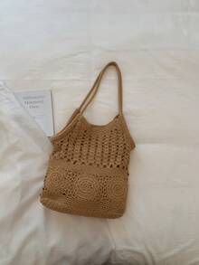 Hollow Tassel Handmade Crochet Cotton Shoulder Bag, Zipper Closure, Bohemian Style, Suitable For Vacation, Commute And Daily Use - Khaki - View 10