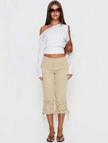 Black/Beige Low Rise Cargo Capri Pants, Y2k Drawstring Ruched Casual Cropped Pants, Vintage Streetwear Baggy Capris For Women - Khaki - View 6