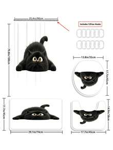 1/3/4件套可爱偷窥黑猫印花浴帘浴室套装，趣味卡通风格浴室窗帘，防水耐用，现代家居浴室装饰浴帘，72英寸*72英寸 - 浴室隔断浴帘，包含12个挂钩，浴室配件 - 包括马桶盖套、浴垫和地毯，采用涤纶面料 - 可水洗，适合家庭浴室 - 呆萌黑貓 - 查看 15