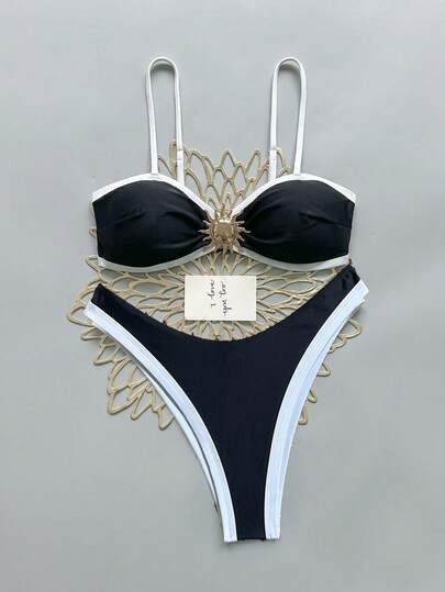 LUCKY HOLIDAY Bộ bikini 2 mảnh phong cách retro tối giản đen trắng tương phản, dây đeo điều chỉnh được, trang trí kim loại, thích hợp cho kỳ nghỉ may mắn 2026 mùa hè, trang phục dự tiệc bãi biển, kỳ nghỉ lễ tình nhân dành cho nữ.
