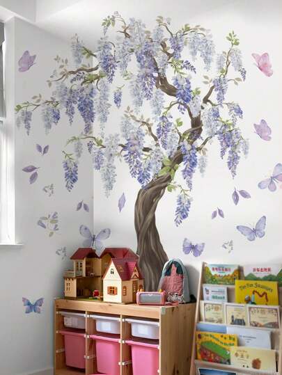 1pc/2pcs PVC Removable Wall Stickers, Decorative Cartoon Decals For Children's Room - Purple Tree & Butterflies, Lion Reading In Flower Garden, Fierce Dinosaur, White Birch Trees, Swallows, Suitable For Bedroom, Living Room, Study, Dining Room, Bathroom, Home Wall Decor
