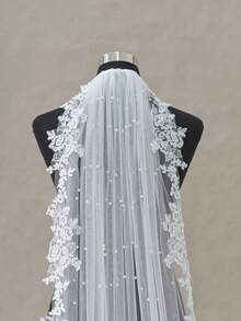 1 chiếc khăn voan ren đính hạt kèm lược, thích hợp cho cô dâu trong lễ cưới nhà thờ, lễ đăng ký kết hôn, kiểu tóc mùa hè, đi biển. - Màu trắng sữa - Xem 5