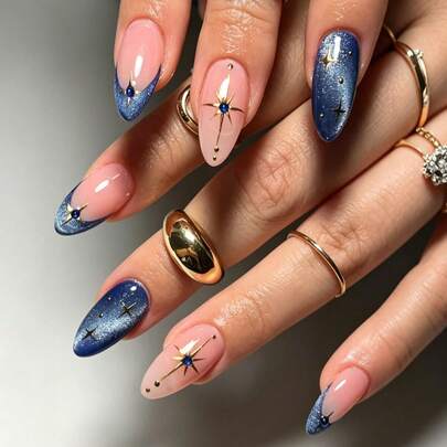 24pcs/Set Elegant Blue Cat Eye Almond Shaped Nail Stickers With 3D Golden Starry Rhinestone Decor, Includes Gel Polish And Nail File, Suitable For Daily Wear, Office, Party For Girls And Women