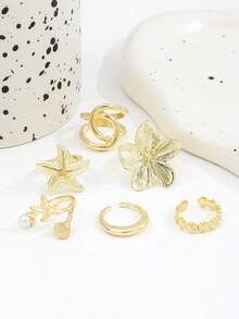 6pcs Smooth Geometric Ocean Elements Starfish Shell Oversized Fashion Rings, Vintage Pentagonal Flower Classic Gold Rings For Women - Gold - View 2