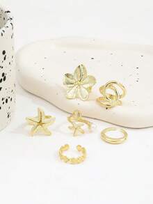 6pcs Smooth Geometric Ocean Elements Starfish Shell Oversized Fashion Rings, Vintage Pentagonal Flower Classic Gold Rings For Women - Gold - View 4