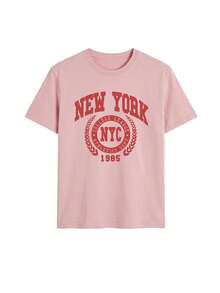 女款寬鬆版型 NEW YORK NYC 圖案 T-shirt，經典校園風印花，Y2K 休閒街頭風，夏季日常上衣 - 粉色 - 查看 3