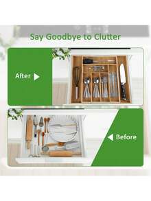 1PC Bamboo Expandable Drawer Organizer, Adjustable Utensil Divider Tray For Silverware & Flatware, Multi-Purpose Cutlery Storage For Kitchen, Living Room & Vanity Drawers BTL7 - 竹子 - 查看 6