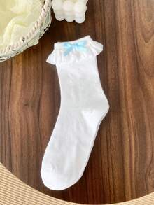 1/5 双 新款春夏可爱甜美粉蓝色蕾丝蝴蝶结中筒袜 - 彩色 - 查看 11