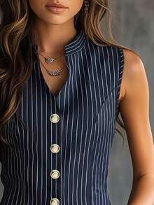 条纹撞色纽扣大码OL马甲，休闲夏季款 - 藍色 - 查看 3