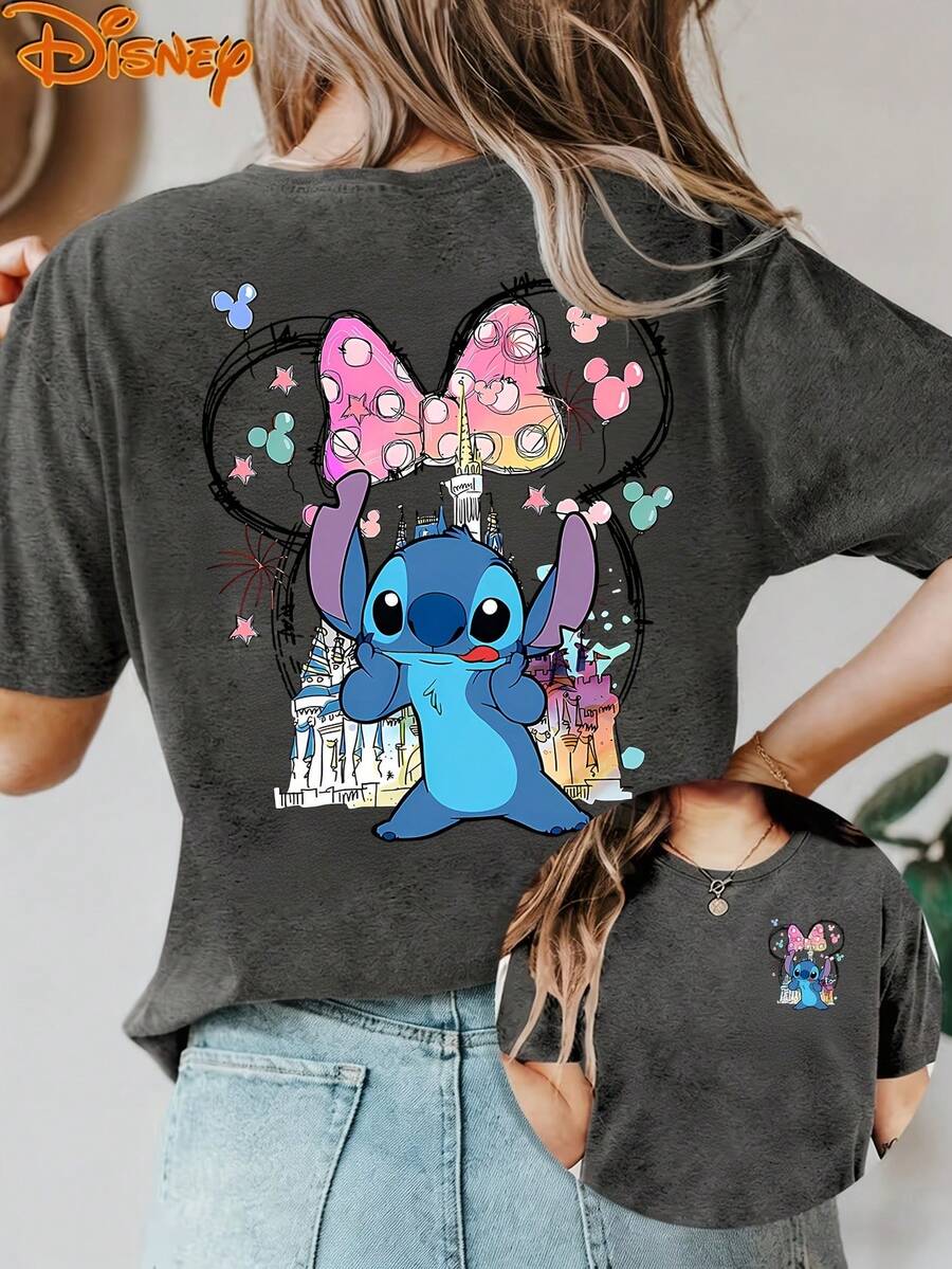 Disney License T Shirts,Disney Lilo & Stitch Cute Stitch Women's Graphic T-Shirt, Stitch With Minnie Mouse Bow Castle Balloon Print Crew Neck Casual Loose Fit Short Sleeve Tee, Summer Vintage Tops For Disney Theme Park Vacation Daily Wear ,Camiseta, Summer Outfits For Women, Summer Clothes, Summer Tops, Tops For Women, Festival Outfits, Summer Tops For Women, Mother's Day, Mother's Day Clothing, Gifts For Family And Friends, Spring Outfits For Women, Officially Licensed Disney T-Shirts, Disney Men's And Women's Spring/Summer Fashion Casual Short-Sleeve T-Shirts - Xám - Xem 1
