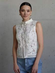 Women Long Sleeve Mandarin Collar Guipure Split Blouse Top Lace Floral Puff Sleeve Button-Down Shirt Slim Fit Elegant Sheer Tops Party Clubwear - 無袖A字白色 - 查看 7