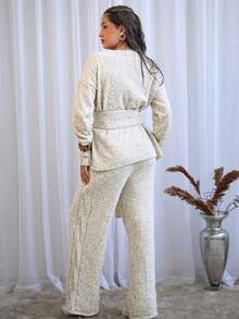 Women's Knit Set With Long Sleeves And Wide-Leg Pants, Comfortable Knitwear, Winter Style, Round Neck, Modern - Sand - View 4