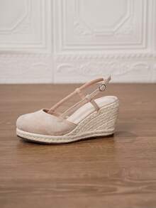 女士厚底坡跟一脚蹬鞋，女士厚底坡跟草编凉鞋，人造革坡跟凉鞋，夏季假日黑色绑带一脚蹬圆头3.15英寸鞋跟踝带鞋，舒适编织草镂空鞋，尺码34-43，大码女鞋，女士高跟鞋，女士高跟凉鞋，女士高跟鞋，优雅女鞋 - 杏色 - 查看 5