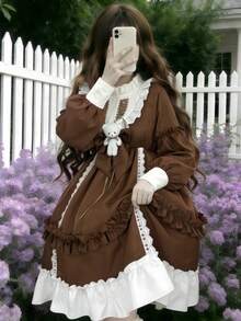 1 chiếc váy kiểu Lolita dễ thương, trang phục nữ sinh dịu dàng, phụ kiện cosplay, thích hợp cho lễ hội, tiệc tùng, biểu diễn, bao gồm váy + nơ cài cổ hình gấu bông mùa xuân - Nhiều màu - Xem 7