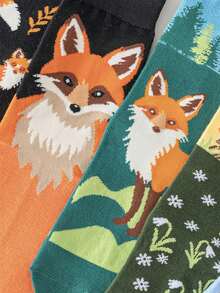 1/5 Pairs Cartoon Mid-Calf Socks, Cute Animal Fox Design Straight Tube Socks, Creative Socks For Women - Multicolor - View 6