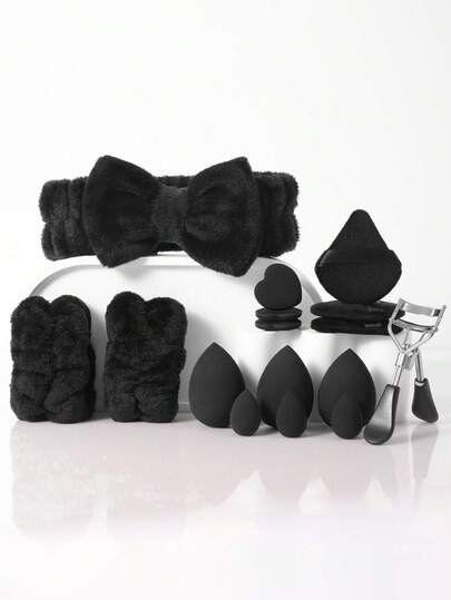 Bộ dụng cụ trang điểm hoàn chỉnh 16 món, gồm bông mút trang điểm + bông phấn + dụng cụ uốn mi + băng đô + dung dịch vệ sinh cọ, bộ phụ kiện trang điểm đa năng cho trang điểm hàng ngày.