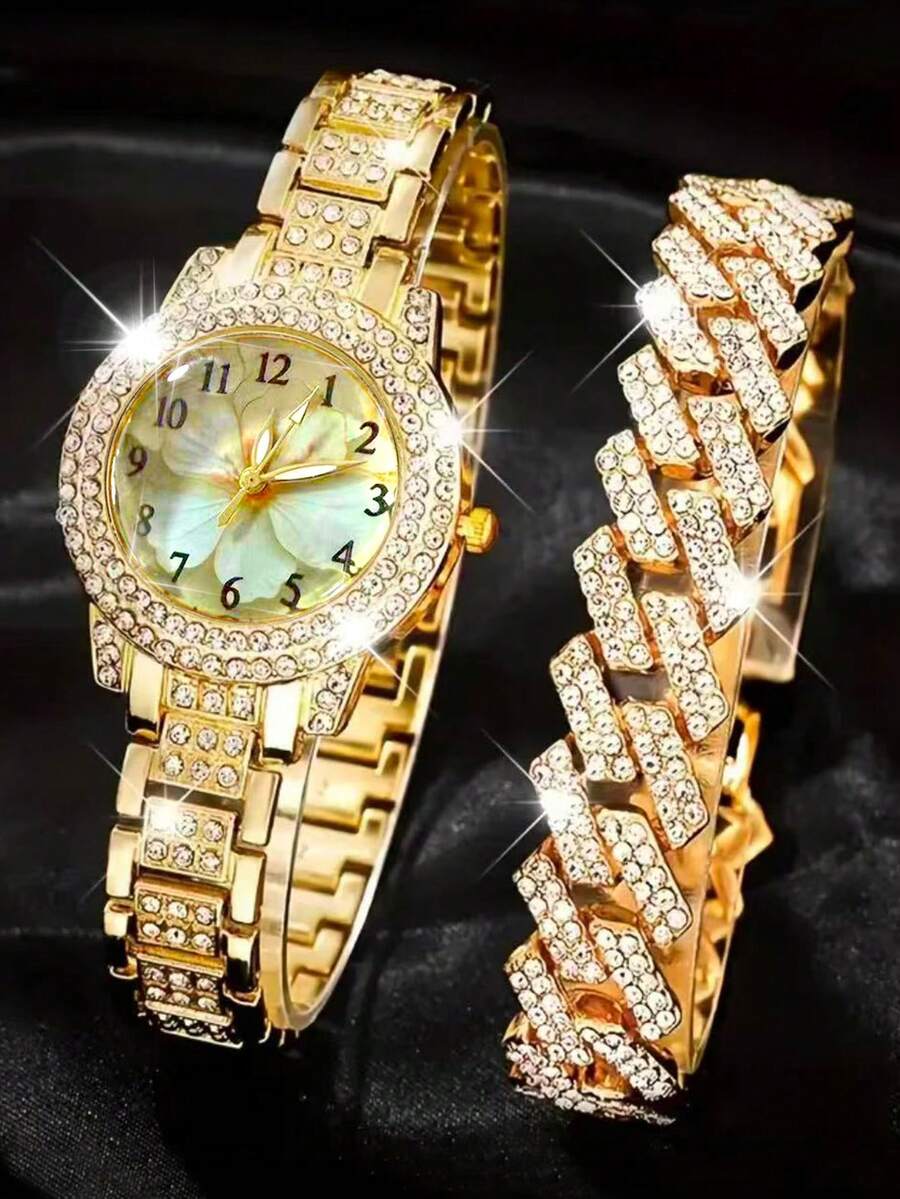 Acest set de 2 piese include un ceas elegant incrustat cu diamante și o brățară cu diamant în formă de inimă. Este un ceas cu cuarț la modă, minimalist și luxos pentru femei, potrivit pentru sărbători, petreceri, nunți, reuniuni și purtare zilnică. Este cadoul perfect pentru femei. - Aur - Vizualizare 1