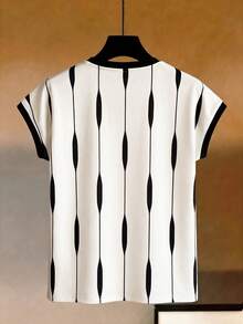 女士无袖条纹印花衬衫，常规长度，黑色点缀，适合时尚造型 - 香檳色 - 查看 2