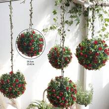 1 pieza Bola de topiario de hojas de eucalipto rojo artificial, bola de topiario de rosas rojas falsas, bola de flores artificiales adecuada para decoración interior/exterior de bodas, fiestas, hogar, jardín, balcón, porche, oficina en casa, decoración de pared, ventana y balcón - Multicolor-A - Ver 10