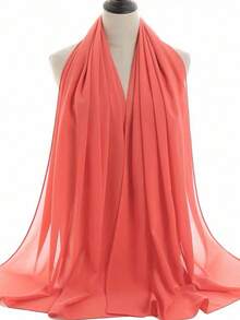 1pc Casual & Versatile Modest Hijab Lightweight Solid Color Chiffon Scarf, Spring/Summer - Watermelon Pink - View 2