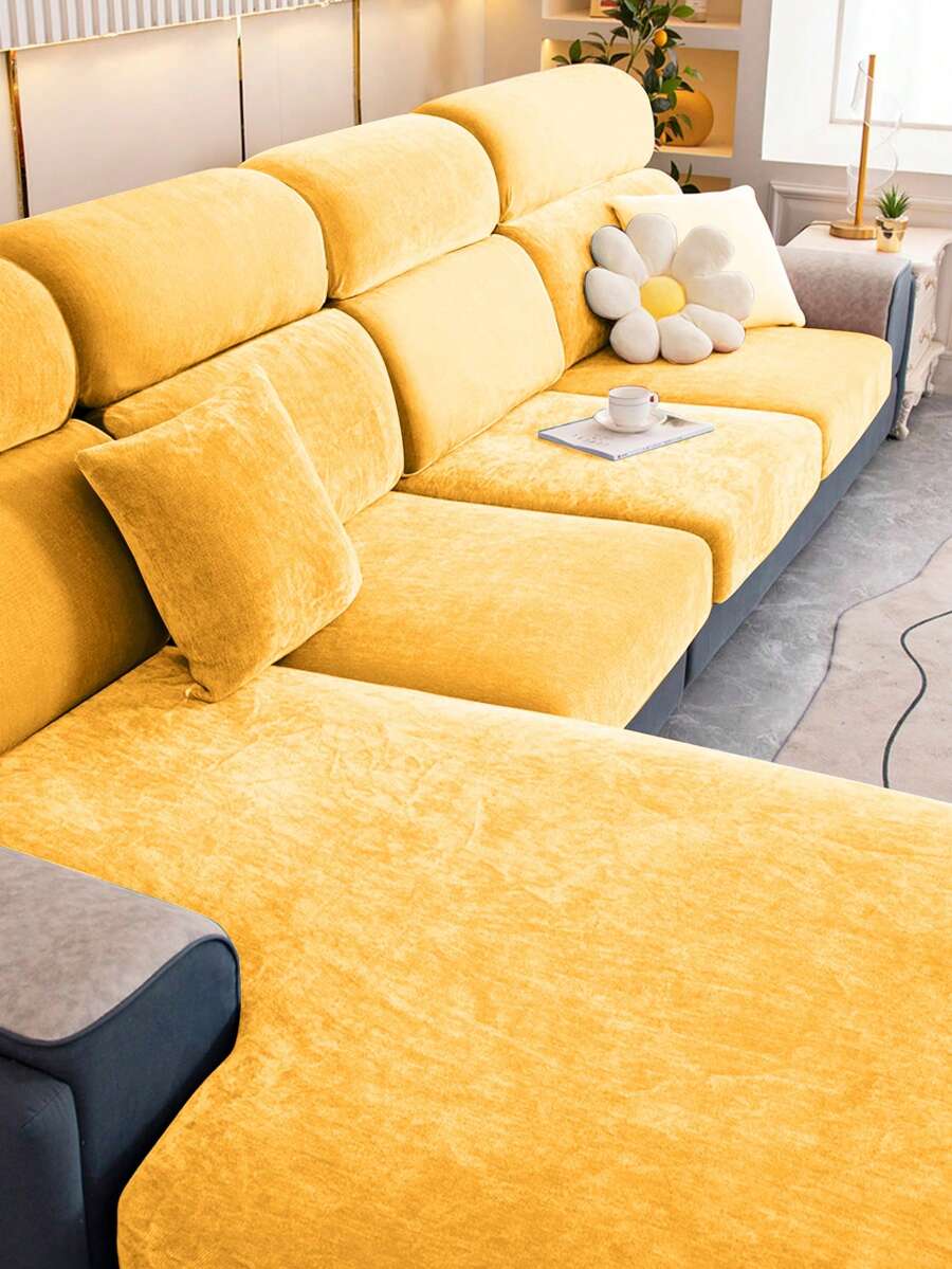 1pc Velvet Drawstring Solid Color Home Decor Sofa Seat Cushion Cover